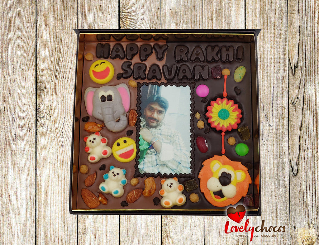 Personalized Raksha Bandhan chocolate for brother with assorted animal characters.