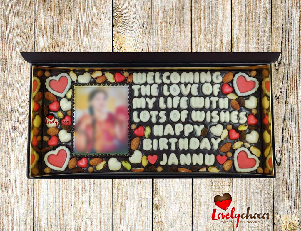 Personalized chocolate message with photo for wife birthday.