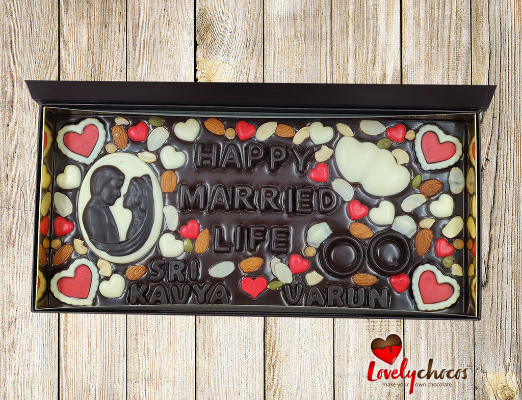 Customized wedding gift with chocolate message for a couple.
